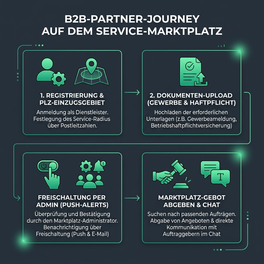 Ablaufdiagramm: Wie Partnerbetriebe auf Rümpelpreis.de in 8 Schritten neue Aufträge gewinnen